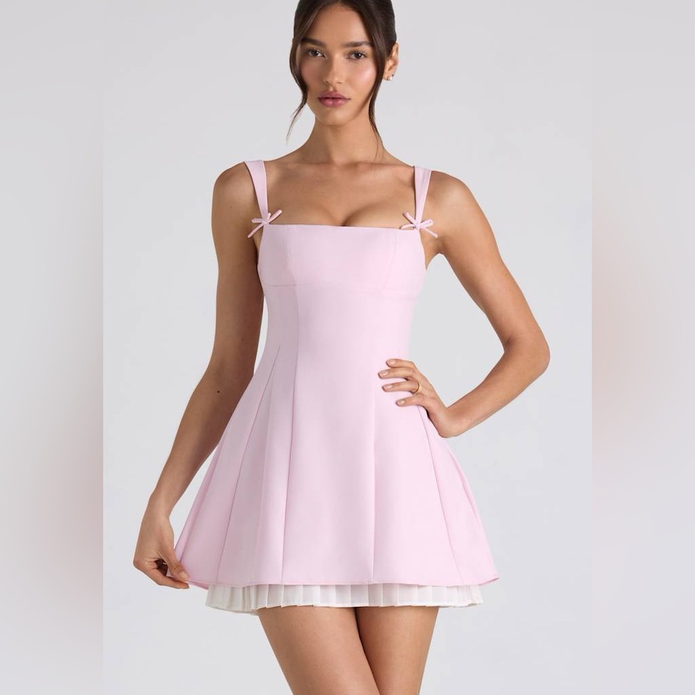 NEW OhPolly Cressida Bow-Detail Pleated A-Line Mini Dress in Soft Pink size US 6